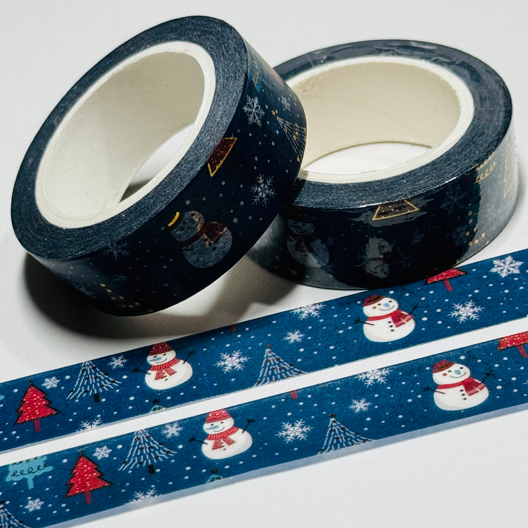 CHRISTMAS TREES & SNOWMEN NAVY Gold Foil Washi Tape ~ 1 Roll ~ 15mm x 10m (33 Feet)