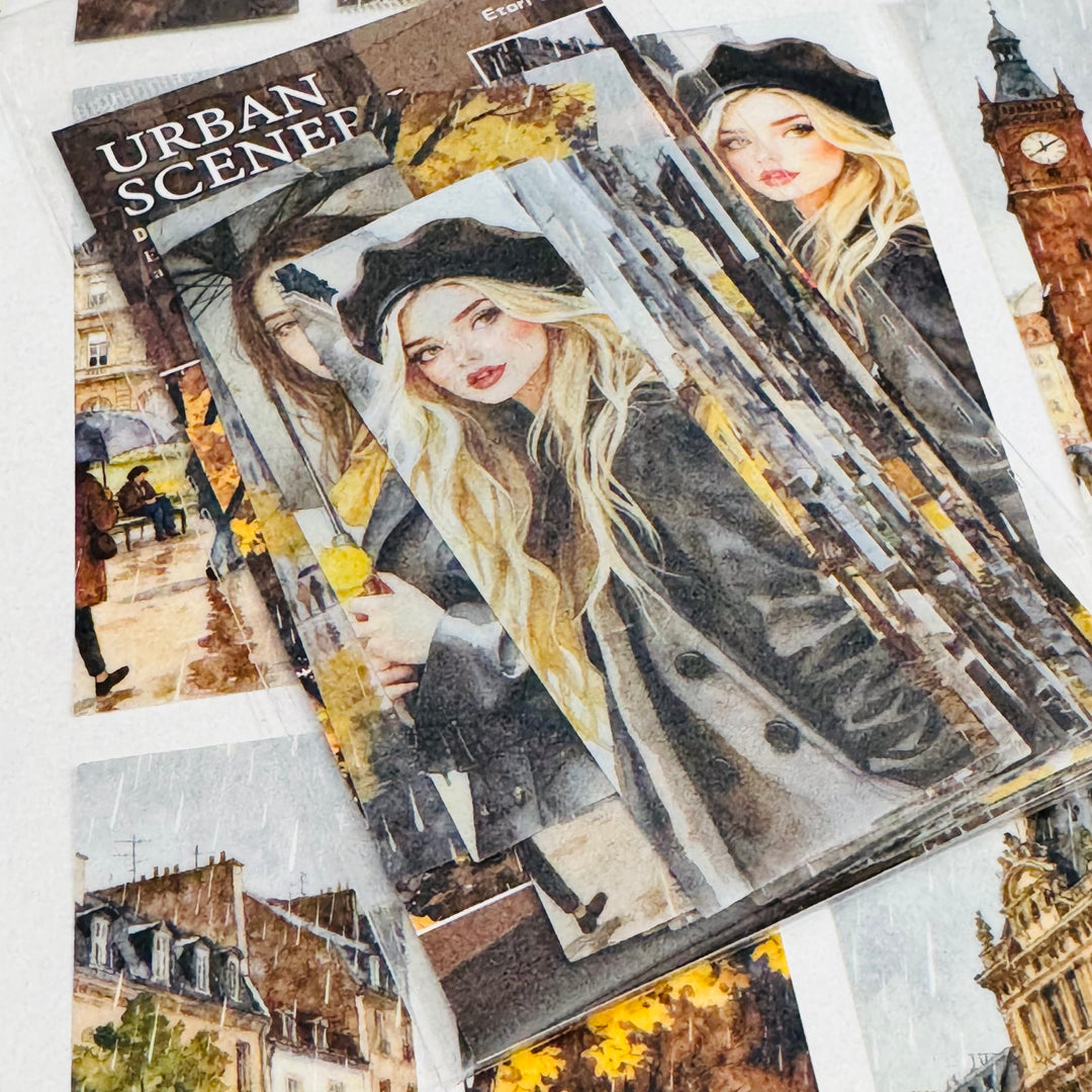RAINY DAY GIRL In The City Ephemera Sticker Pack ~ 25 Pieces ~ 30mm x 95mm