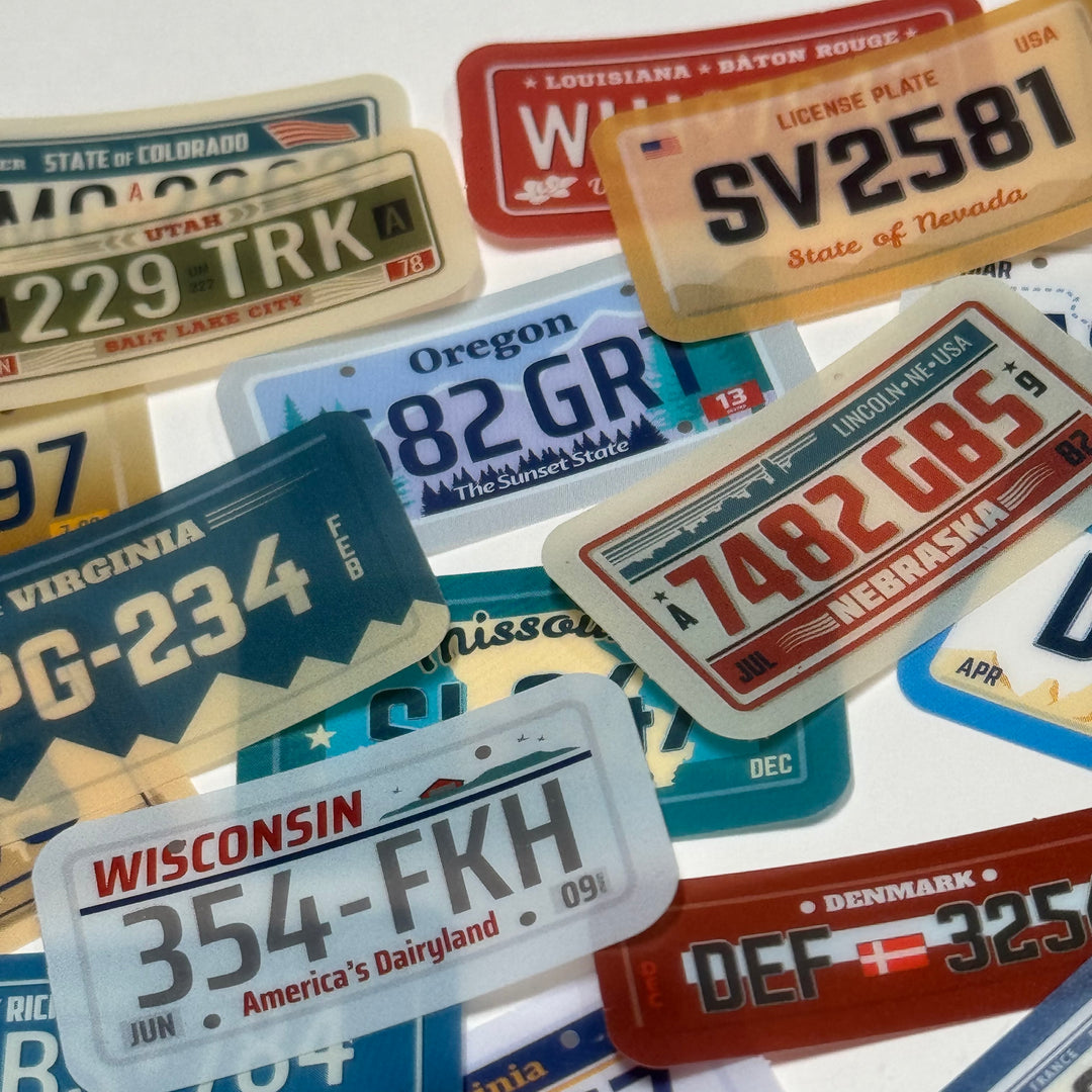 GLOBAL LICENSE PLATES Peelable Stickers  ~ 45 Pieces ~ Each Sticker is 38mm