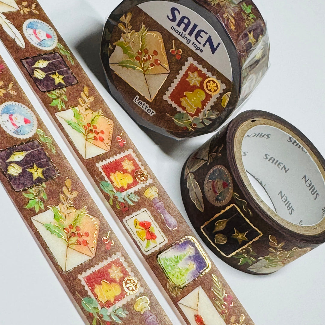 CHRISTMAS CARDS & LETTERS Saien Gold Foil Masking Washi Tape ~ 1 Roll ~ 20mm x 5m (16 Feet)