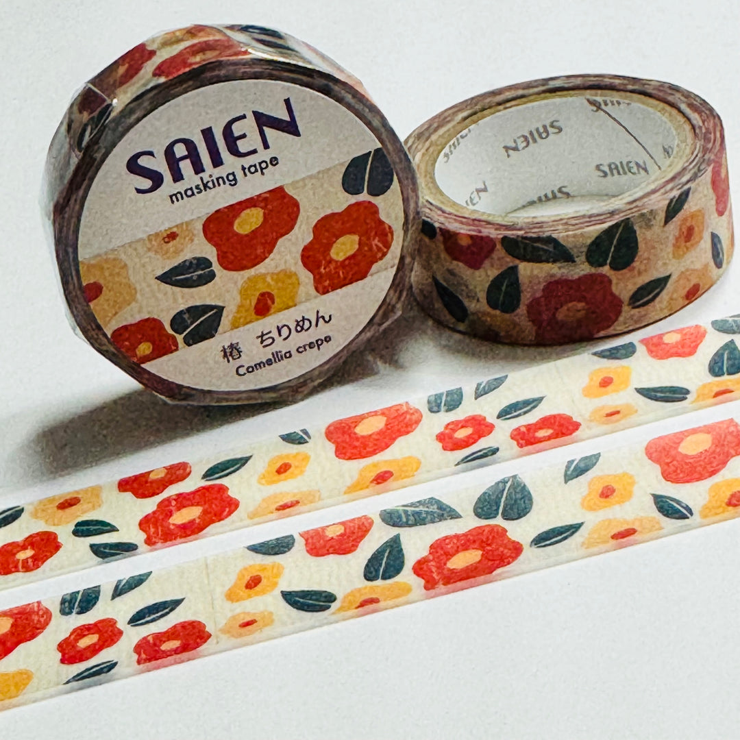 BLOOMING CAMELLIA CREPES Floral Saien Masking Washi Tape ~ 1 Roll ~ 15mm x 7m (23 Feet)