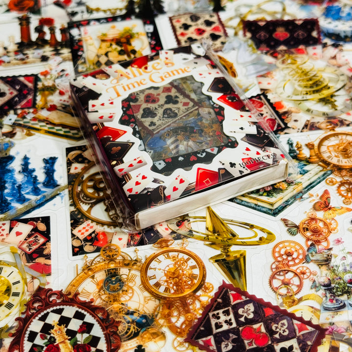 IT'S ALICE'S TIME GAME Matchbox Peelable Stickers Large Amount ~ 100 Pieces ~ 65-60mm Each
