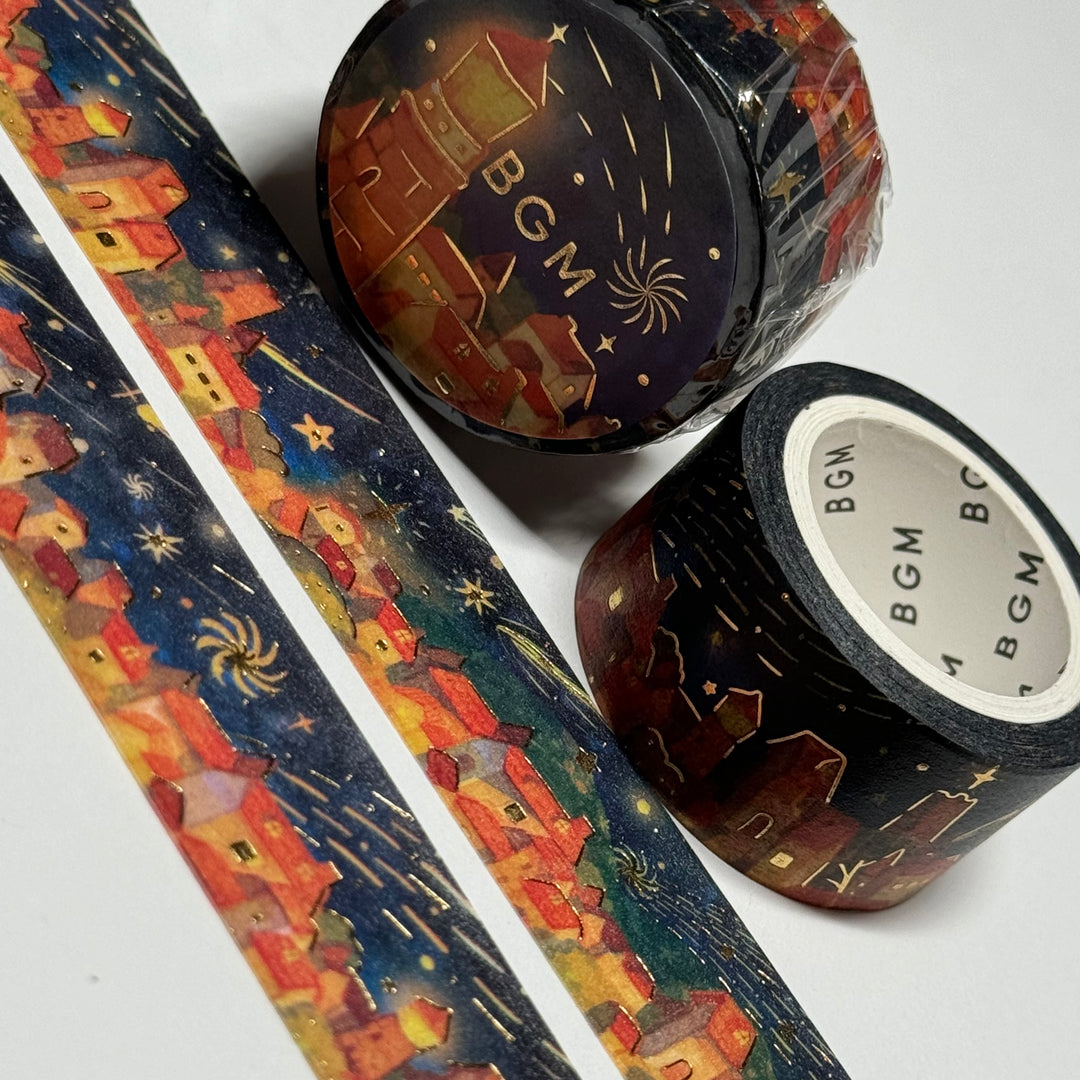 STARS OVER EUROPEAN CITY Gold Foil Washi Tape Designed By BGM ~ 1 Roll ~ 20mm x 5m (16 Feet)