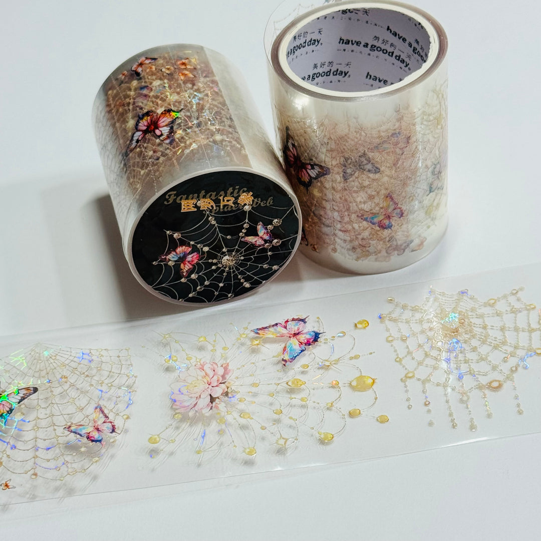 IRRIDESCENT PEACH BUTTERFLY SPIDERWEBS Halloween PET Washi Tape ~ 1 Roll ~ 50mm x 2m (7 Feet)
