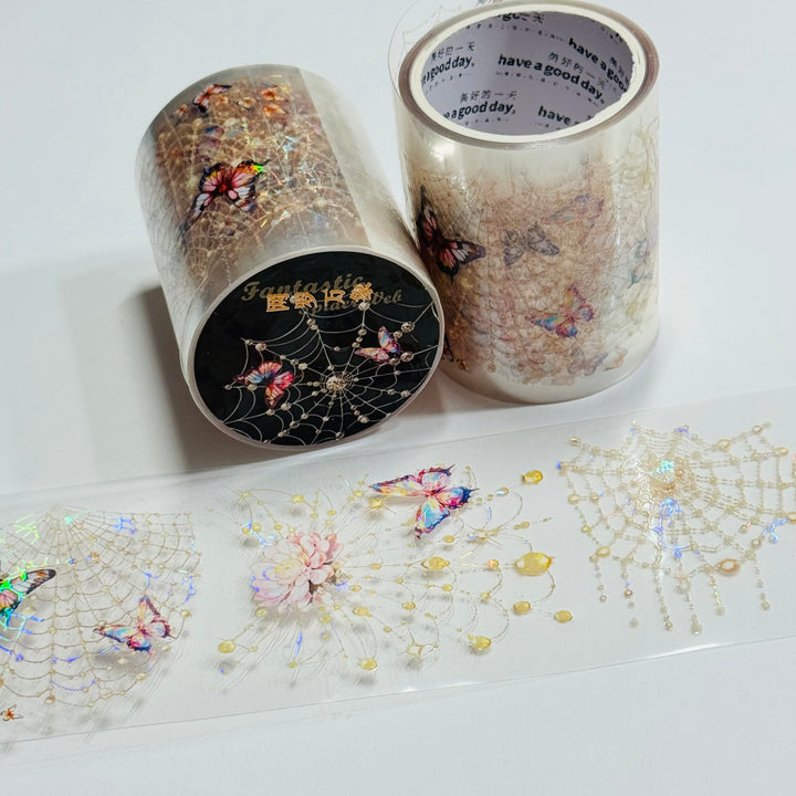 IRRIDESCENT PEACH BUTTERFLY SPIDERWEBS Halloween PET Washi Tape ~ 1 Roll ~ 50mm x 2m (7 Feet)
