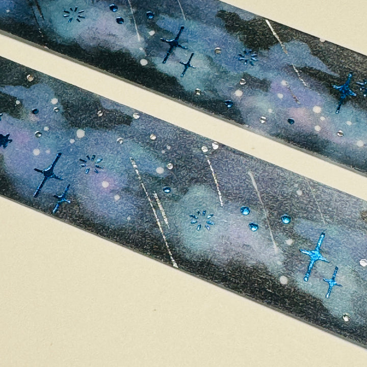 MIDNIGHT METEOR SHOWER With Blue and Silver Foil Washi Tape By BGM ~ 1 Roll ~ 20mm x 5m (16 Feet)