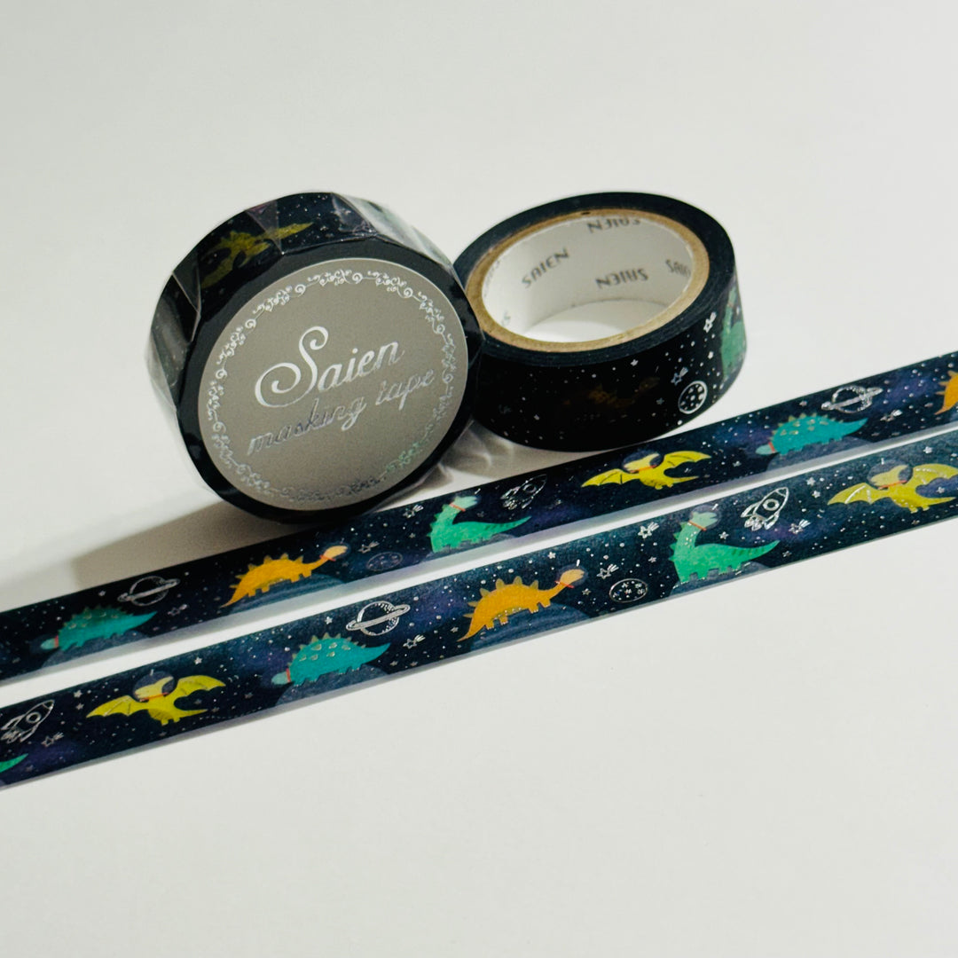 DINOSAURS In SPACE SILVER Foil Saien Masking Washi Tape ~ 1 Roll ~ 15mm x 7m (23 Feet)
