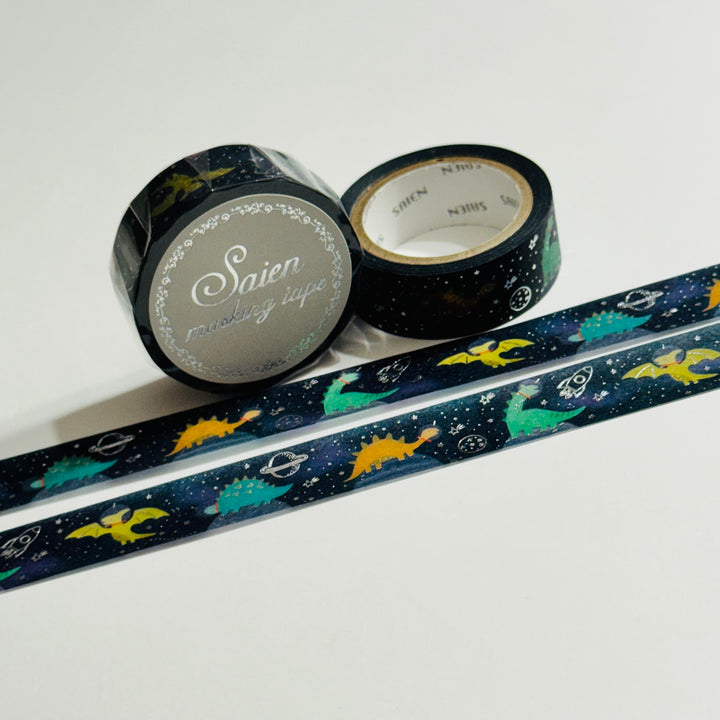 DINOSAURS In SPACE SILVER Foil Saien Masking Washi Tape ~ 1 Roll ~ 15mm x 7m (23 Feet)