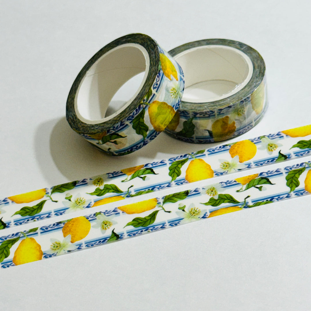 ITALIAN LEMON And BLUE Summer Vacation Washi Tape ~ 1 Roll ~ 15mm x 10m (33 Feet)