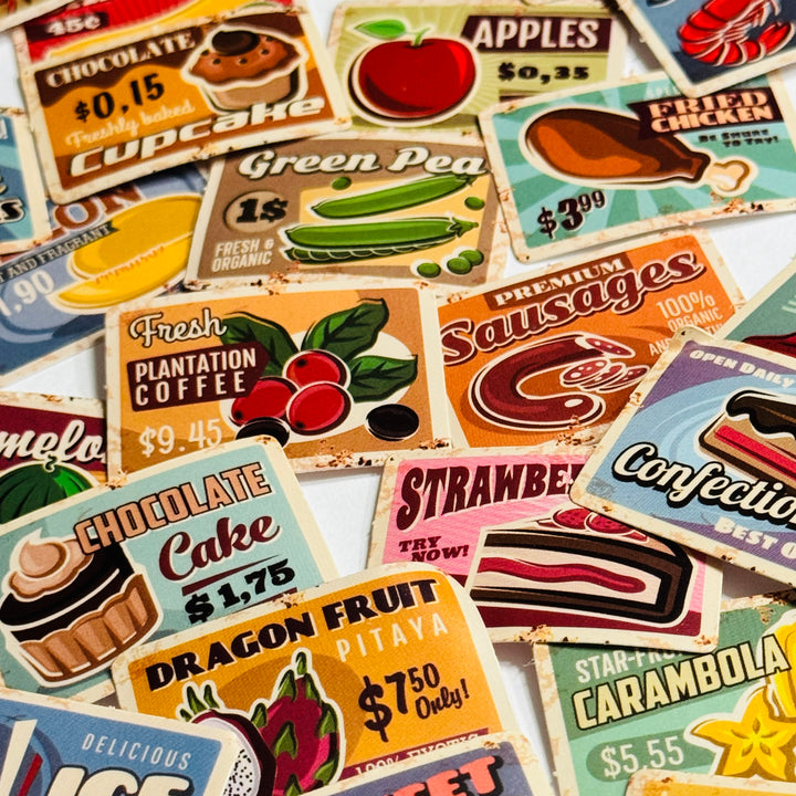 VINTAGE RETRO GROCERY FOOD Advertising Peelable Stickers  ~ 45 Pieces ~ Each Sticker is 38mm x 38mm