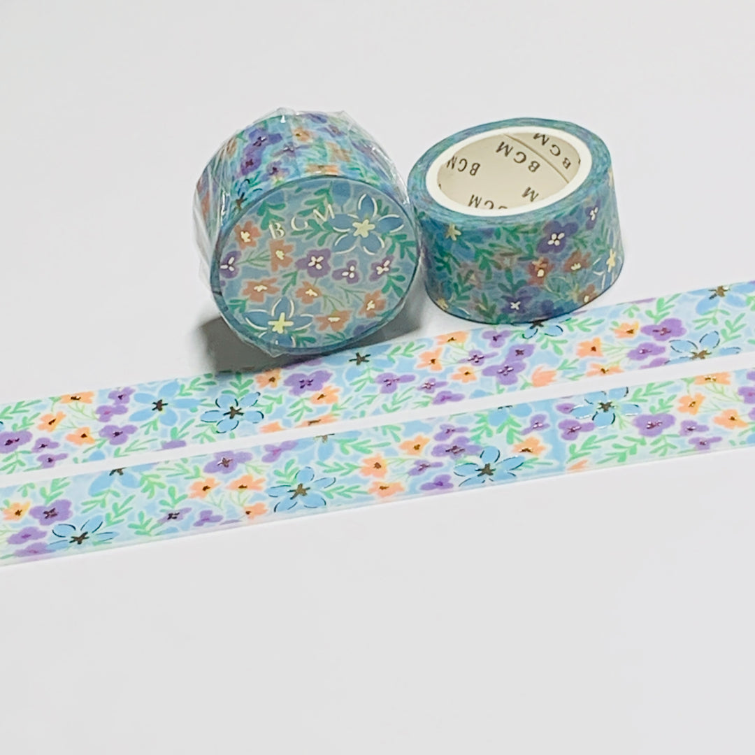 BLUE WILDFLOWER FIELD In Gold Foil Washi Tape Designed By BGM ~ 1 Roll ~ 20mm x 5m (16 Feet)