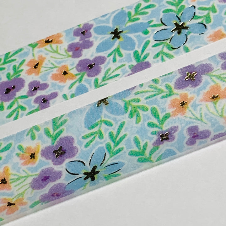 BLUE WILDFLOWER FIELD In Gold Foil Washi Tape Designed By BGM ~ 1 Roll ~ 20mm x 5m (16 Feet)