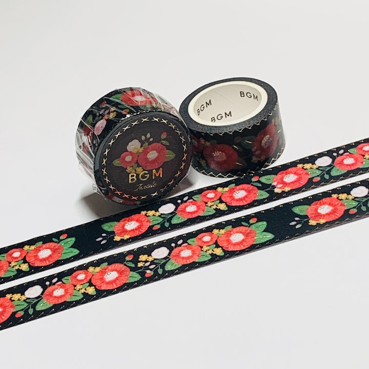 EMBROIDERED ROSY PINK CAMELLIAS In Gold Foil Washi Tape Designed By BGM ~ 1 Roll ~ 20mm x 5m (16 Feet)