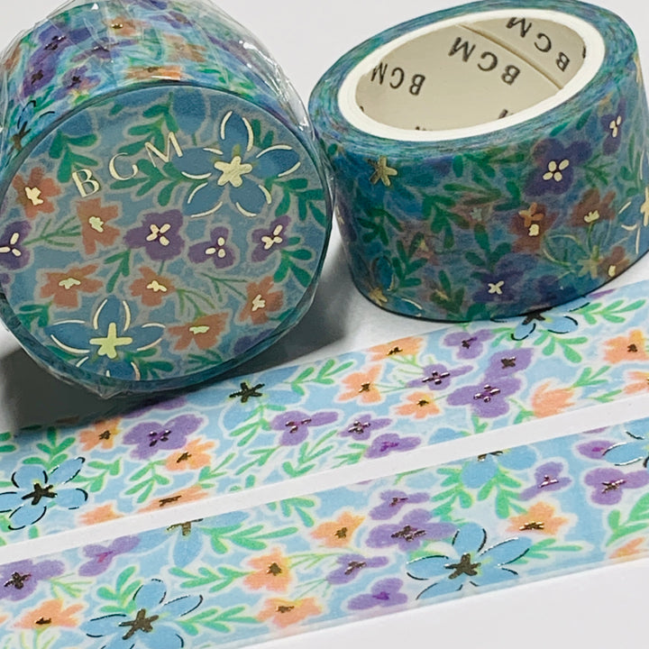 BLUE WILDFLOWER FIELD In Gold Foil Washi Tape Designed By BGM ~ 1 Roll ~ 20mm x 5m (16 Feet)