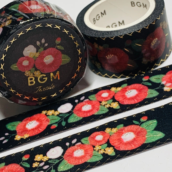 EMBROIDERED ROSY PINK CAMELLIAS In Gold Foil Washi Tape Designed By BGM ~ 1 Roll ~ 20mm x 5m (16 Feet)