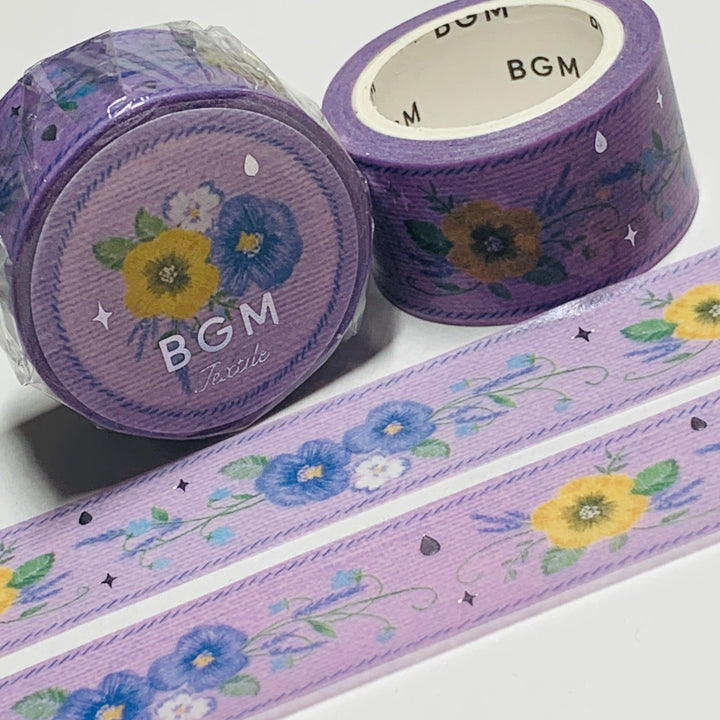 EMBROIDERED PURPLE & YELLOW PANSIES In Silver Foil Washi Tape Designed By BGM ~ 1 Roll ~ 20mm x 5m (16 Feet)