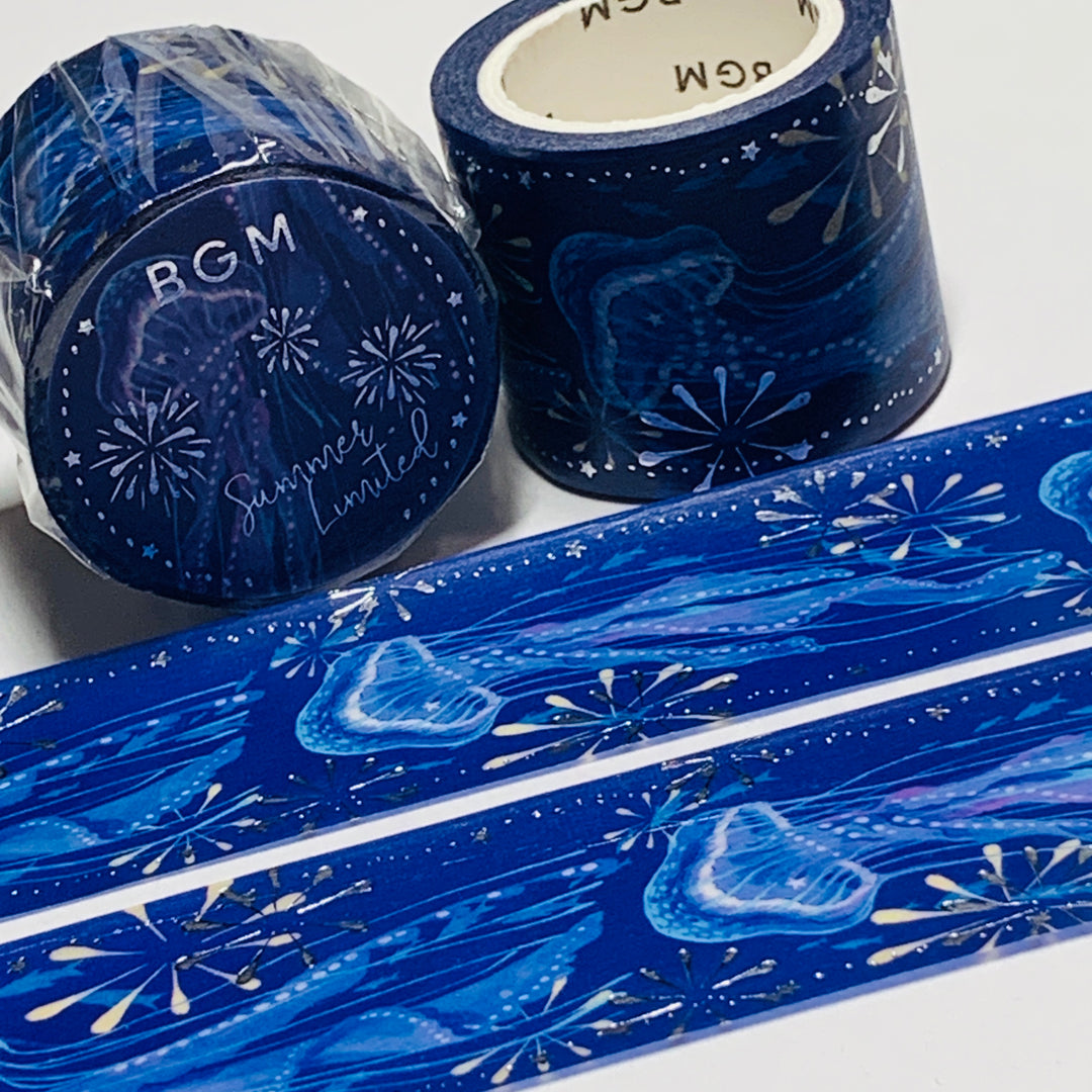 SPARKLING FIREWORKS & JELLYFISH In Silver Foil Designed by BGM Washi Tape ~ 1 Roll ~ 30mm x 5m (16 Feet)