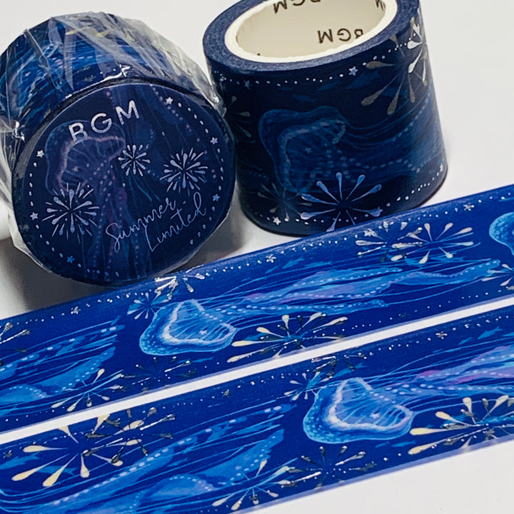 SPARKLING FIREWORKS & JELLYFISH In Silver Foil Designed by BGM Washi Tape ~ 1 Roll ~ 30mm x 5m (16 Feet)