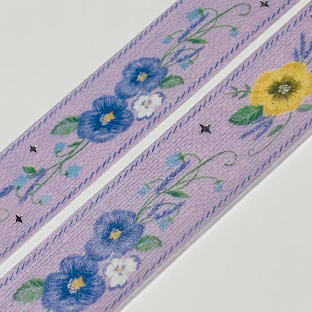 EMBROIDERED PURPLE & YELLOW PANSIES In Silver Foil Washi Tape Designed By BGM ~ 1 Roll ~ 20mm x 5m (16 Feet)