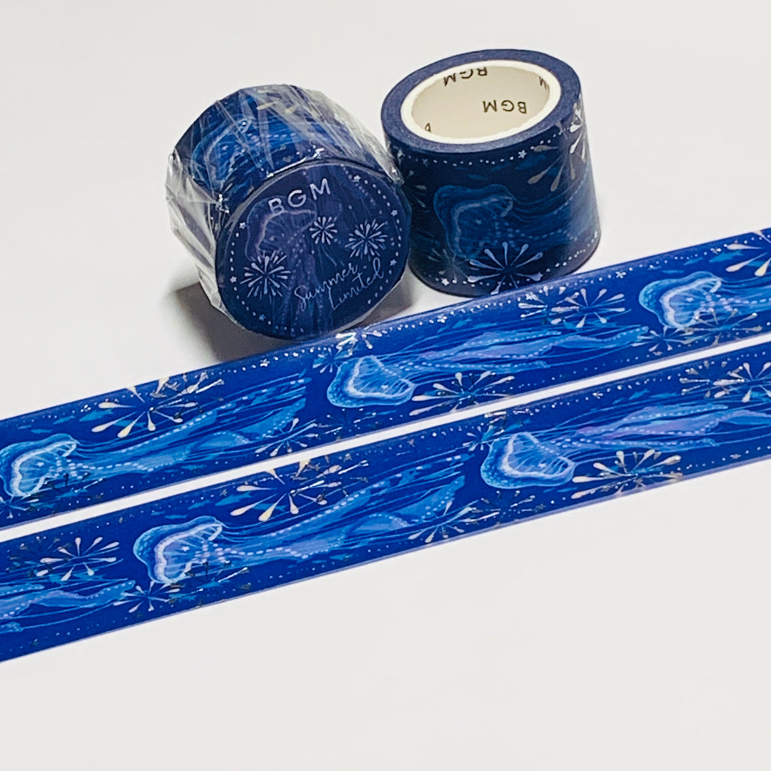 SPARKLING FIREWORKS & JELLYFISH In Silver Foil Designed by BGM Washi Tape ~ 1 Roll ~ 30mm x 5m (16 Feet)