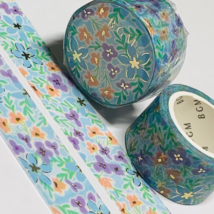 BLUE WILDFLOWER FIELD In Gold Foil Washi Tape Designed By BGM ~ 1 Roll ~ 20mm x 5m (16 Feet)