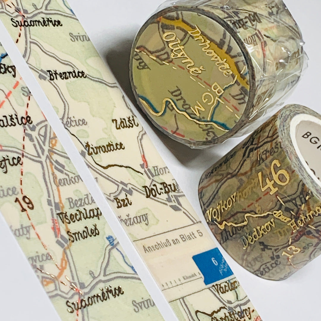 VINTAGE ROAD ATLAS MAP In Gold Foil Washi Tape Designed by BGM ~ 1 Roll ~ 30mm x 5m (16 Feet)