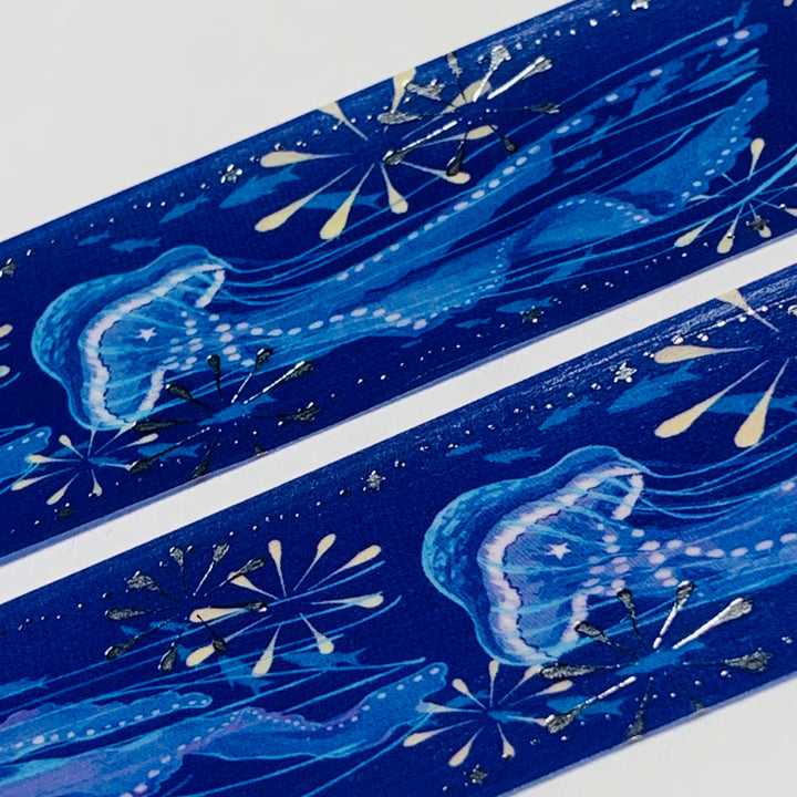 SPARKLING FIREWORKS & JELLYFISH In Silver Foil Designed by BGM Washi Tape ~ 1 Roll ~ 30mm x 5m (16 Feet)