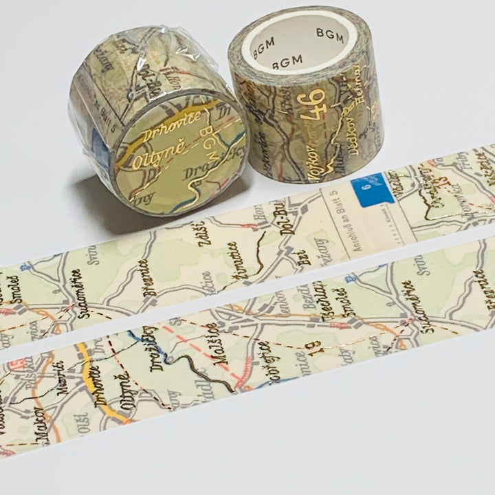 VINTAGE ROAD ATLAS MAP In Gold Foil Washi Tape Designed by BGM ~ 1 Roll ~ 30mm x 5m (16 Feet)