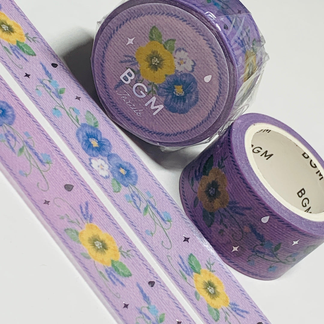 EMBROIDERED PURPLE & YELLOW PANSIES In Silver Foil Washi Tape Designed By BGM ~ 1 Roll ~ 20mm x 5m (16 Feet)