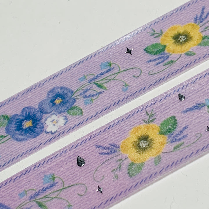 EMBROIDERED PURPLE & YELLOW PANSIES In Silver Foil Washi Tape Designed By BGM ~ 1 Roll ~ 20mm x 5m (16 Feet)