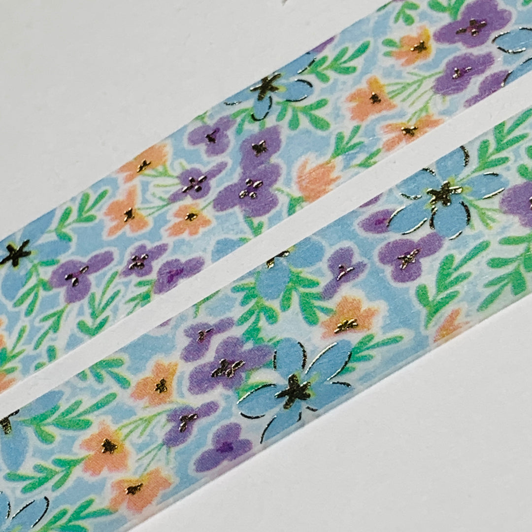 BLUE WILDFLOWER FIELD In Gold Foil Washi Tape Designed By BGM ~ 1 Roll ~ 20mm x 5m (16 Feet)