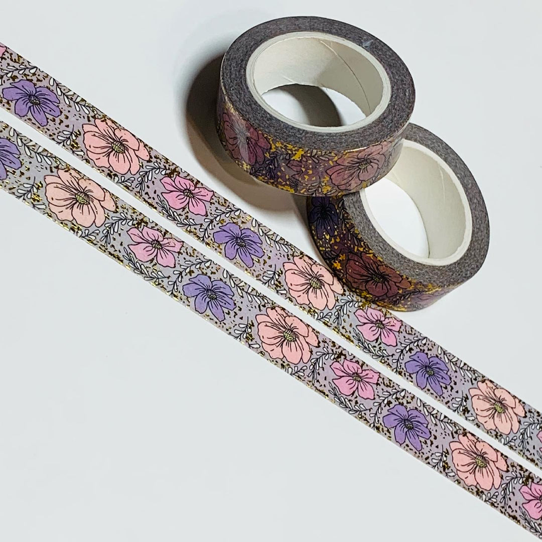 DETAILED SKETCHED FLOWERS Gold Embossed Washi Tape ~ 1 Roll ~ 15mm x 10m (33 Feet)