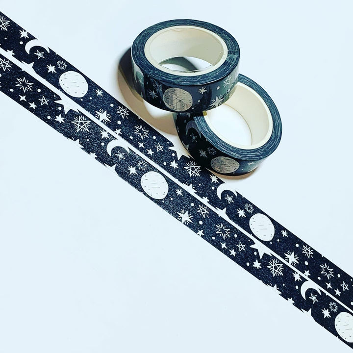 DOODLE MOON & STARS Black and White Washi Tape ~ 1 Roll ~ 15mm x 10m (33 Feet)