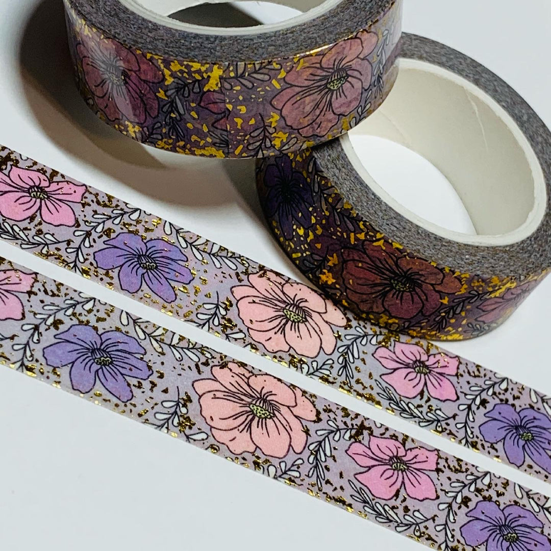 DETAILED SKETCHED FLOWERS Gold Embossed Washi Tape ~ 1 Roll ~ 15mm x 10m (33 Feet)