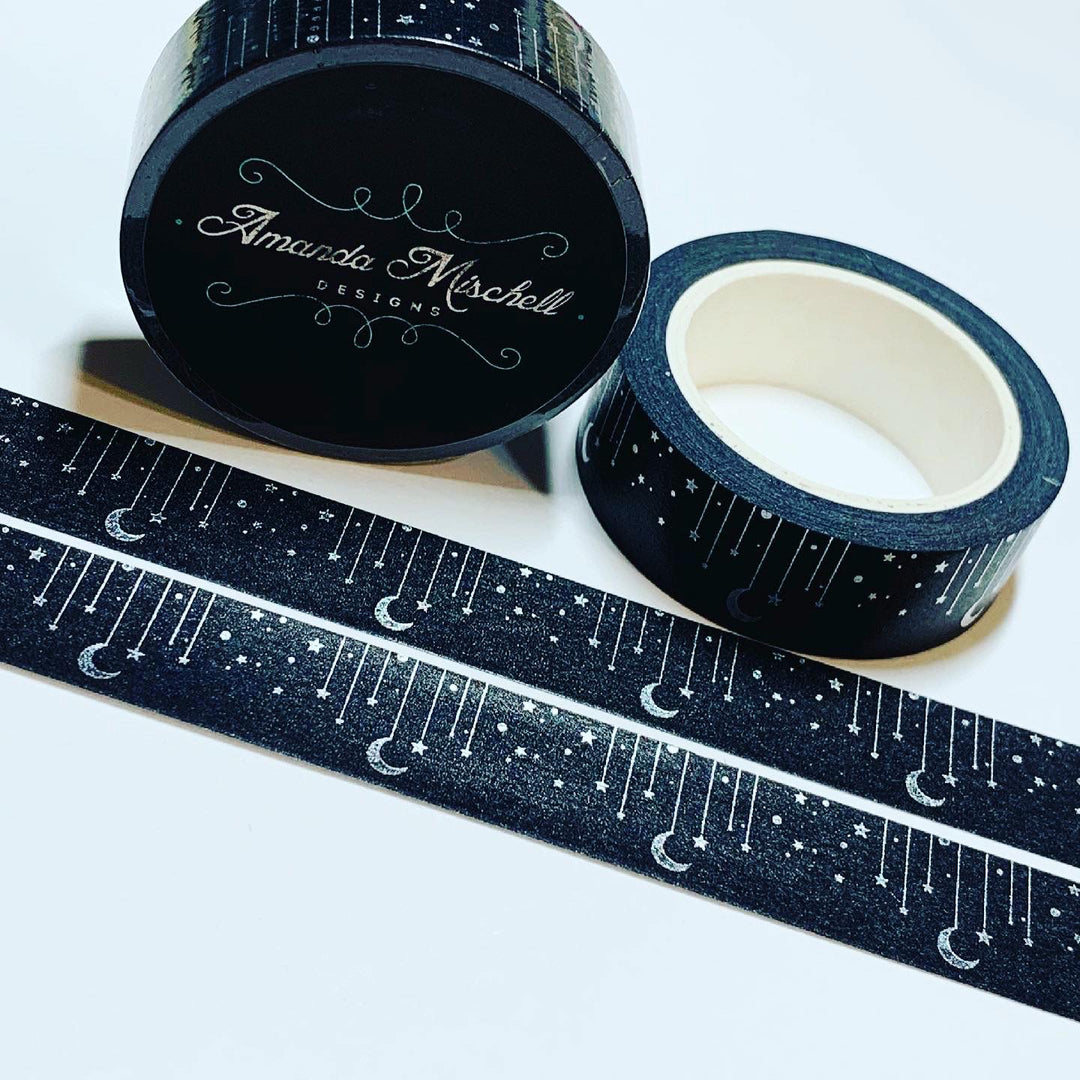 MIDNIGHT ZENTANGLE STARS & Moon Amanda Mischell Silver Foil Embossing Washi Tape ~ 1 Roll ~ 15mm x 10m (33 Feet)