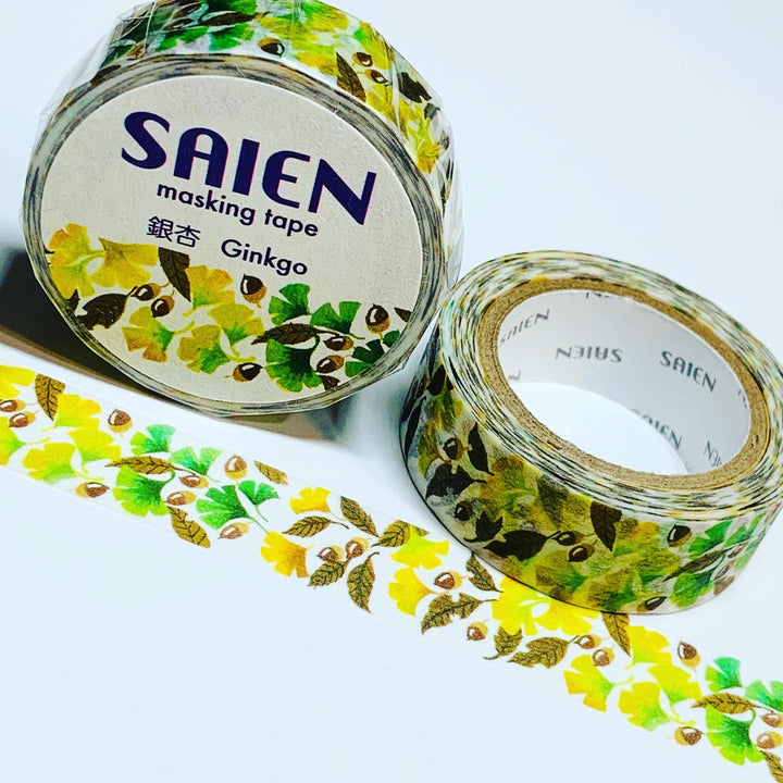 GINKGO BILOBA TREE Leaves Saien Masking Tape Washi Tape ~ 1 Roll ~ 15mm x 10m (33 Feet)