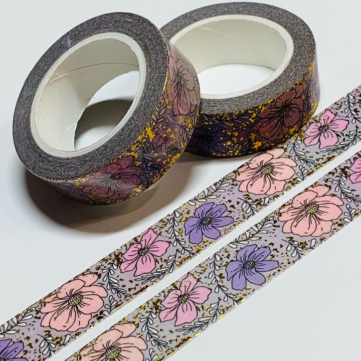 DETAILED SKETCHED FLOWERS Gold Embossed Washi Tape ~ 1 Roll ~ 15mm x 10m (33 Feet)