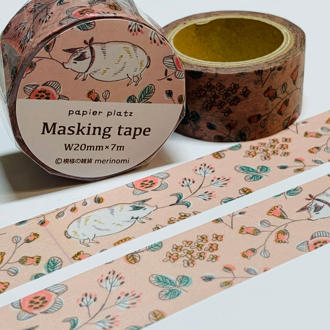 SUCKLING PIG In FLOWERS Washi Tape Designed by Merinomi For Papier Platz ~ 1 Roll ~ 20mm x 7m (23 Feet)