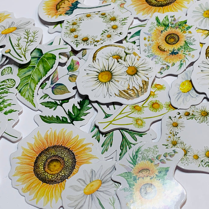 DAISIES And SUNFLOWERS FLORAL Peelable Stickers  ~ 46 Pieces ~ Each Sticker is 38mm x 38mm