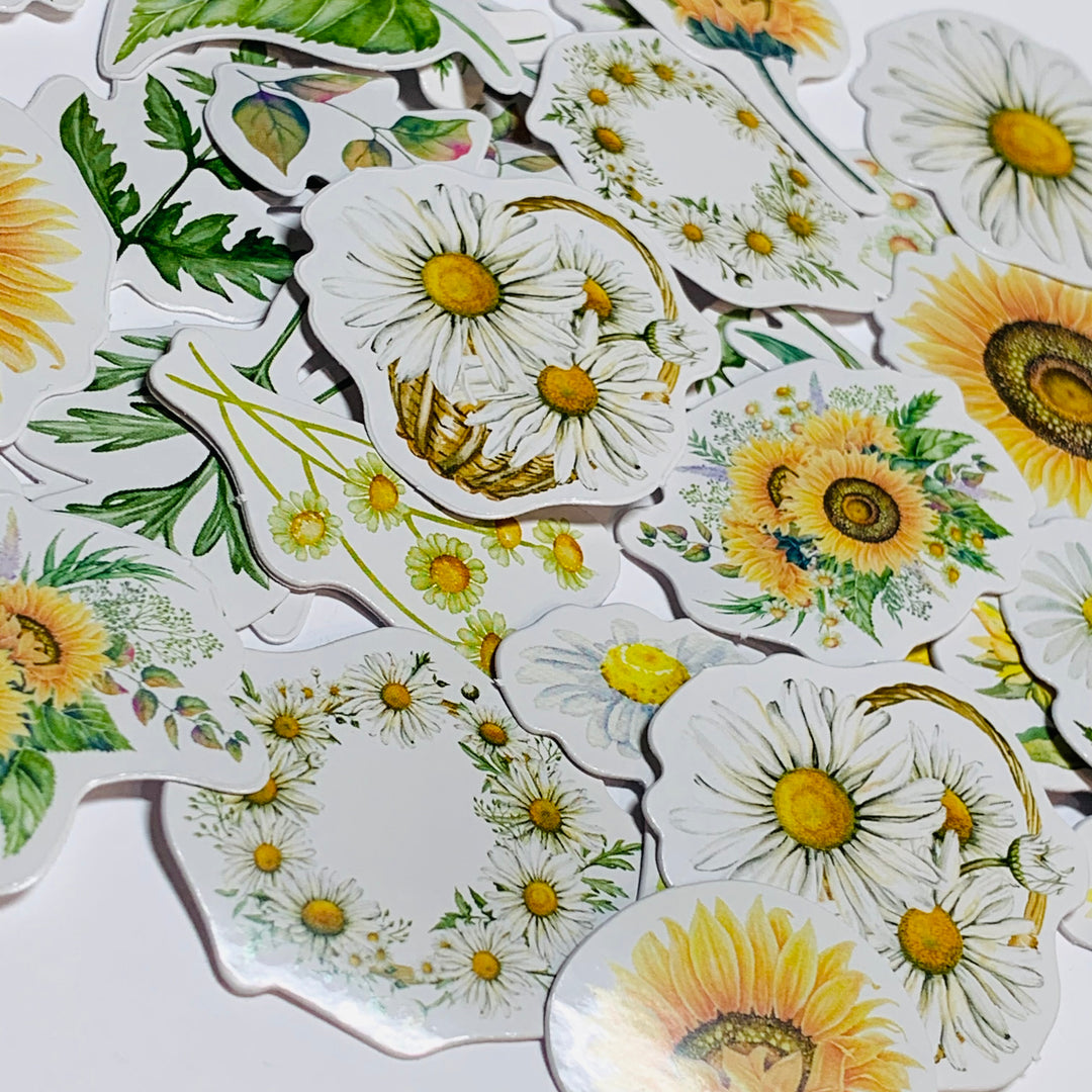 DAISIES And SUNFLOWERS FLORAL Peelable Stickers  ~ 46 Pieces ~ Each Sticker is 38mm x 38mm