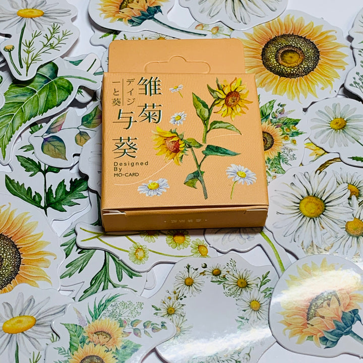 DAISIES And SUNFLOWERS FLORAL Peelable Stickers  ~ 46 Pieces ~ Each Sticker is 38mm x 38mm