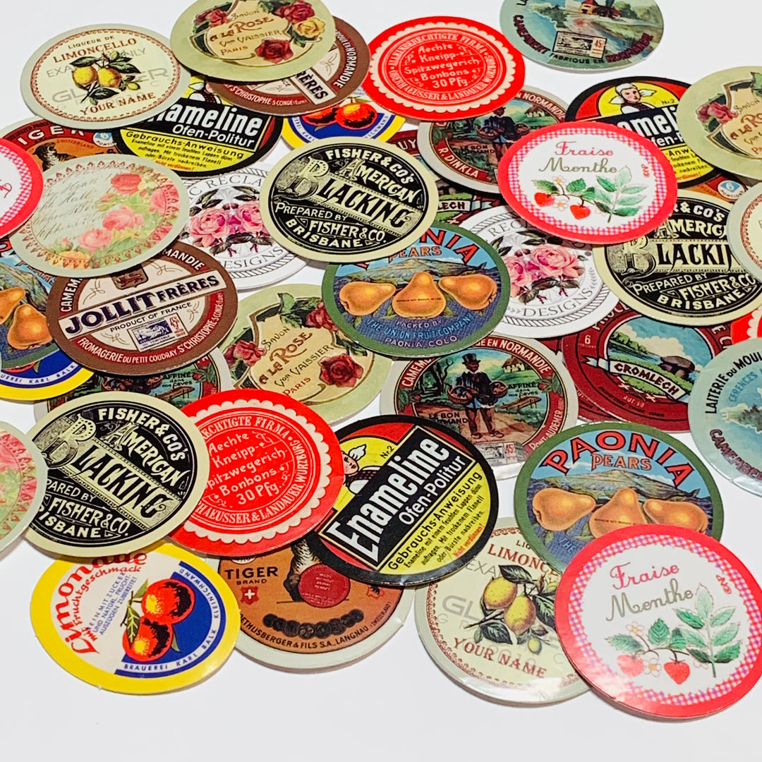 VINTAGE ADVERTISING EPHEMERA Peelable Stickers  ~ 45 Pieces ~ Each Sticker is 38mm x 38mm