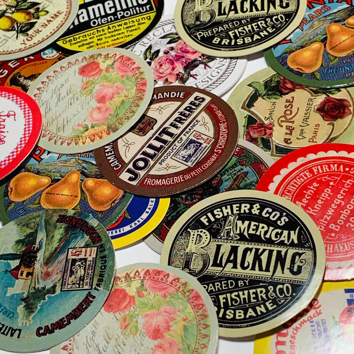 VINTAGE ADVERTISING EPHEMERA Peelable Stickers  ~ 45 Pieces ~ Each Sticker is 38mm x 38mm