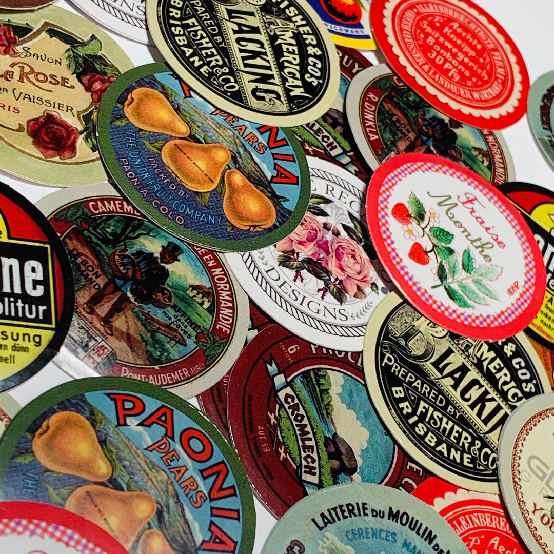 VINTAGE ADVERTISING EPHEMERA Peelable Stickers  ~ 45 Pieces ~ Each Sticker is 38mm x 38mm