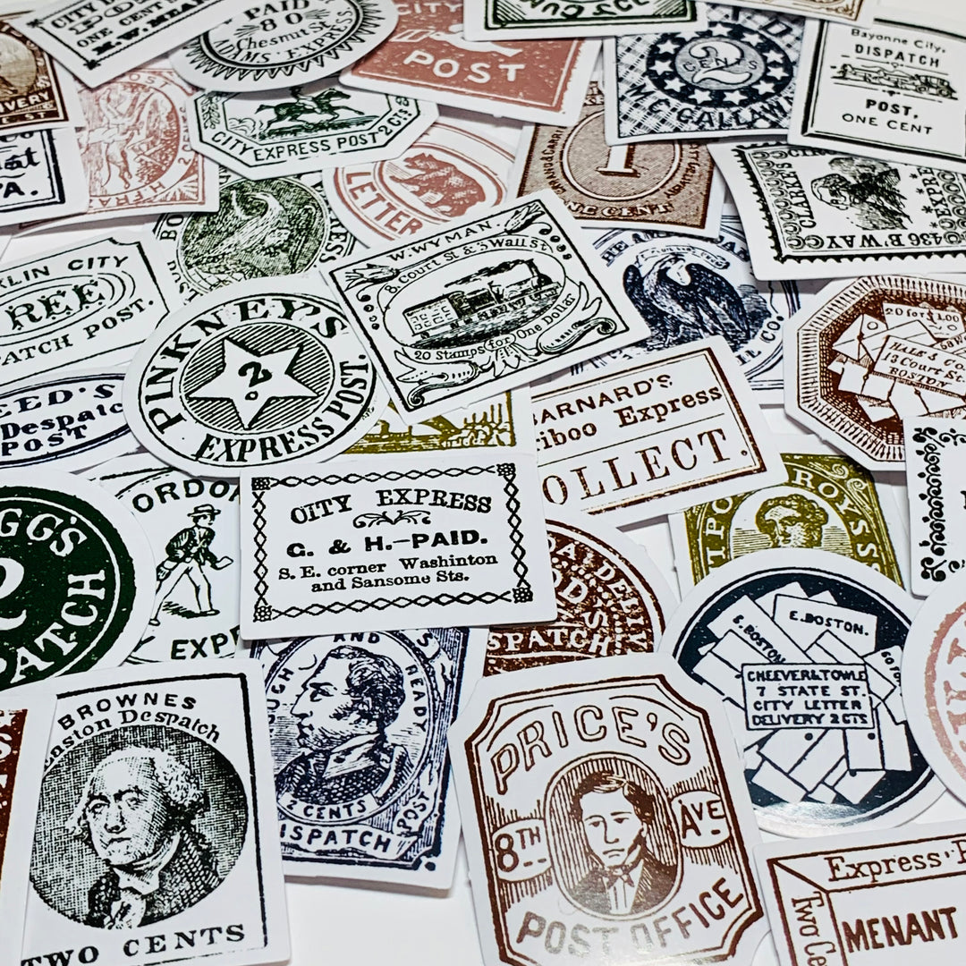 ANTIQUE ADVERTISING EPHEMERA Peelable Stickers  ~ 45 Pieces ~ Each Sticker is Approximately 38mm