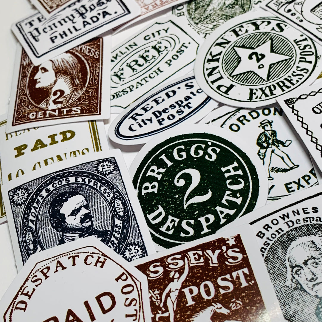 ANTIQUE ADVERTISING EPHEMERA Peelable Stickers  ~ 45 Pieces ~ Each Sticker is Approximately 38mm