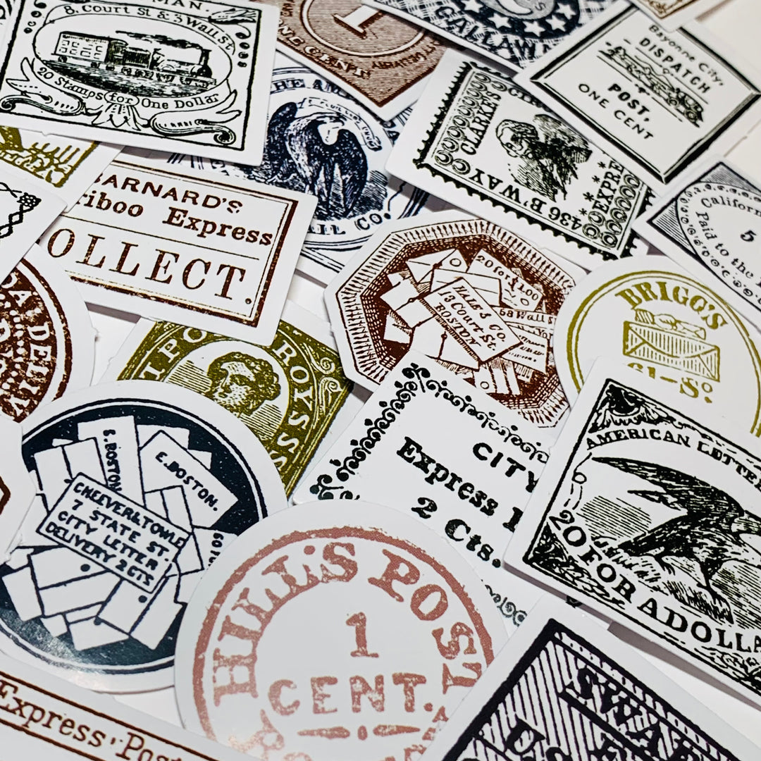 ANTIQUE ADVERTISING EPHEMERA Peelable Stickers  ~ 45 Pieces ~ Each Sticker is Approximately 38mm