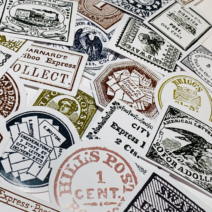 ANTIQUE ADVERTISING EPHEMERA Peelable Stickers  ~ 45 Pieces ~ Each Sticker is Approximately 38mm