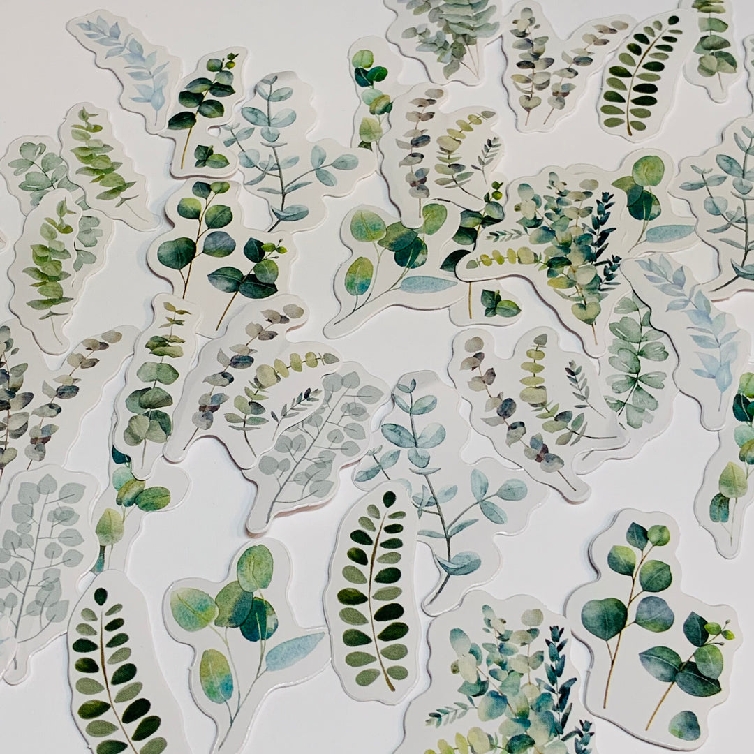 GREEN EUCALYPTUS LEAVES Peelable Stickers  ~ 45 Pieces ~ Each Sticker is Approximately 38mm