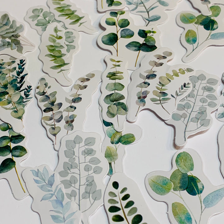 GREEN EUCALYPTUS LEAVES Peelable Stickers  ~ 45 Pieces ~ Each Sticker is Approximately 38mm